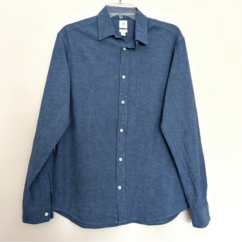 H&M Men’s Relaxed Fit Linen Blend Denim Blue Long Sleeves Button Down Shirt